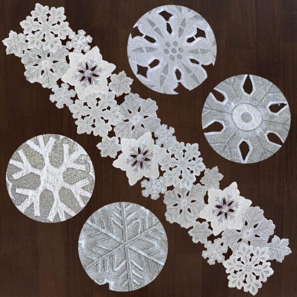 Grelucgo Machine Embroidered and Hand Cut Silver Grey and White Snowflakes Table Runner for Christmas Holiday (13.5 x 54 inches)