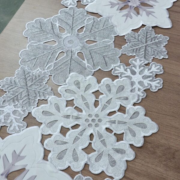 Grelucgo Machine Embroidered and Hand Cut Silver Grey and White Snowflakes Table Runner for Christmas Holiday (13.5 x 54 inches)