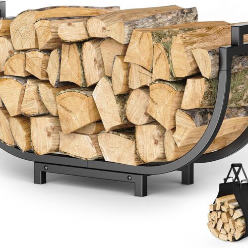 WF9583MAX_1 Firewood Rack, 24 Inch Indoor Fireplace Log Holder with Carrier, Thickened Metal Rustproof Wood Storage Rack