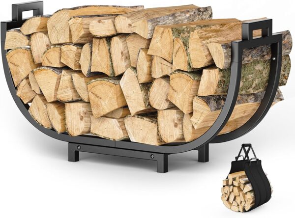 Firewood Rack, 24 Inch Indoor Fireplace Log Holder with Carrier, Thickened Metal Rustproof Wood Storage Rack