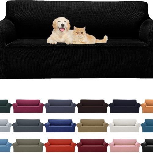 Cupuamon 2026 New Stretch Sofa Slipcovers Couch Cover for 3 Cushion Furniture Protector Sofa Covers with Elastic Bottom Jacquard Fabric Small Checks for Pets, Kids -Sofa, Black