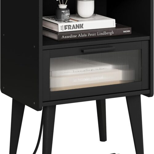 MMEOLUOOK Nightstand with Charging Station, Bedside Tables, End Table Side Table with 2 Tiers Storage Space, for Bedroom, Living Room, Black CAMLBZ07BE